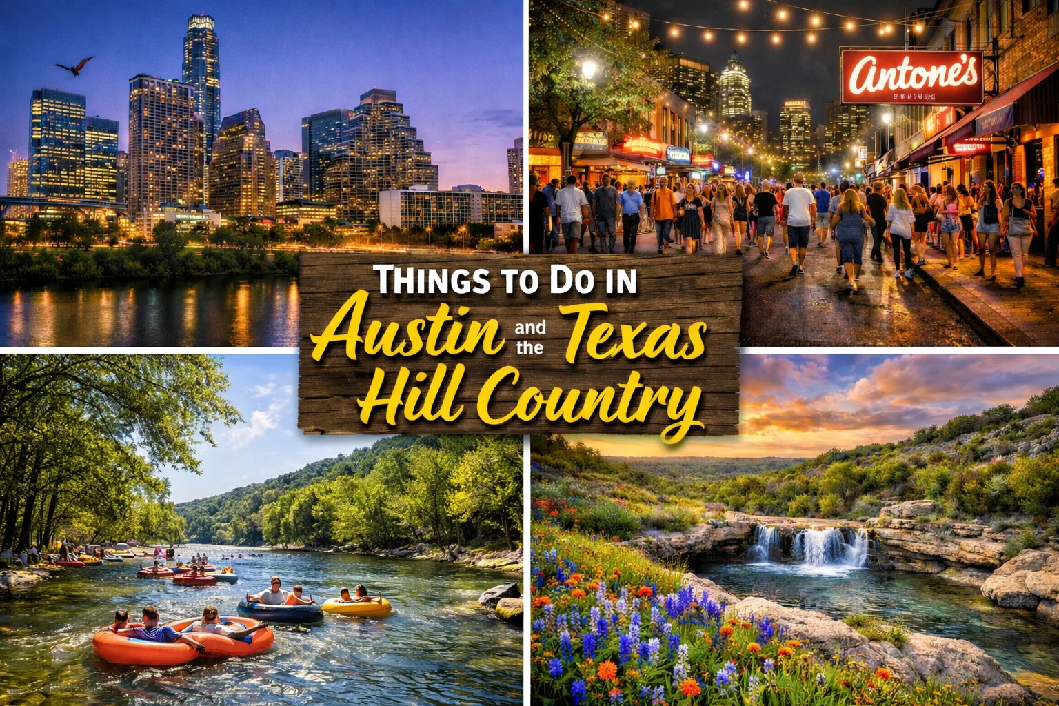 An image showing things to do in Austin and the Texas Hill Country. Live music and tubing in the river.